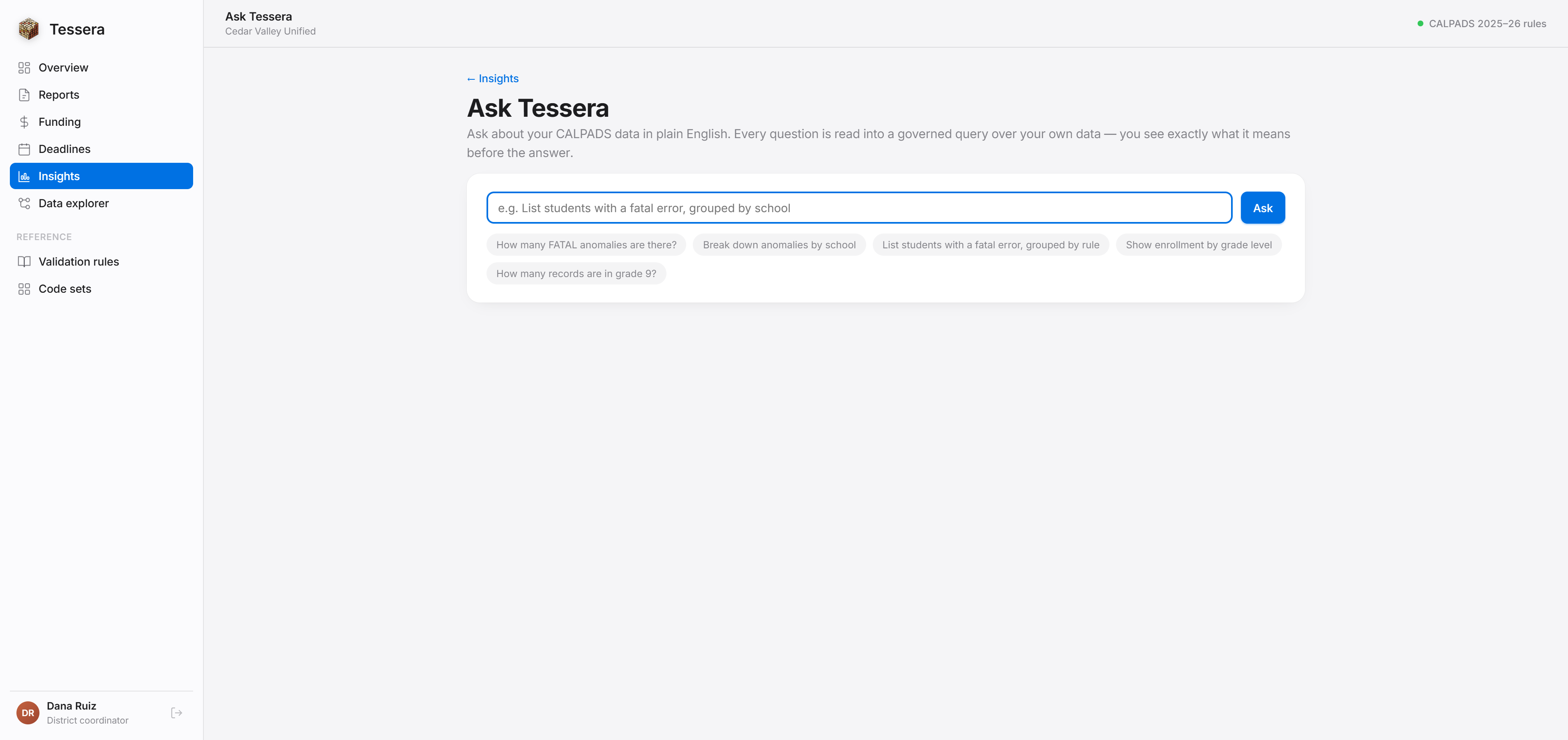 Ask Tessera — natural-language questions turned into governed queries over district data